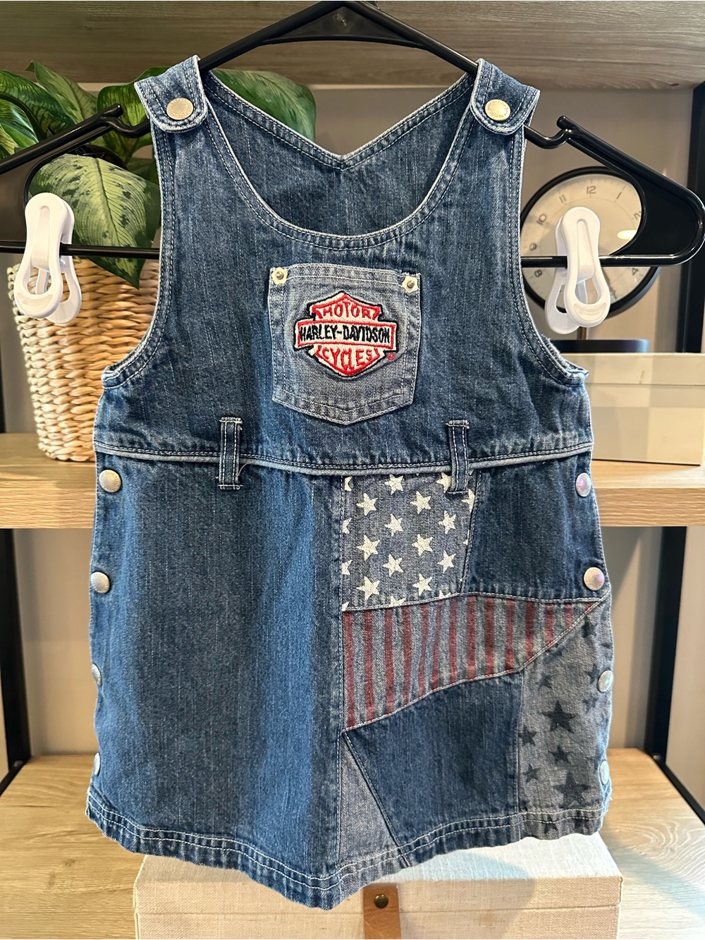 Vintage Harley-Davidson Blue Denim Overall Dress with Flag Patchwork